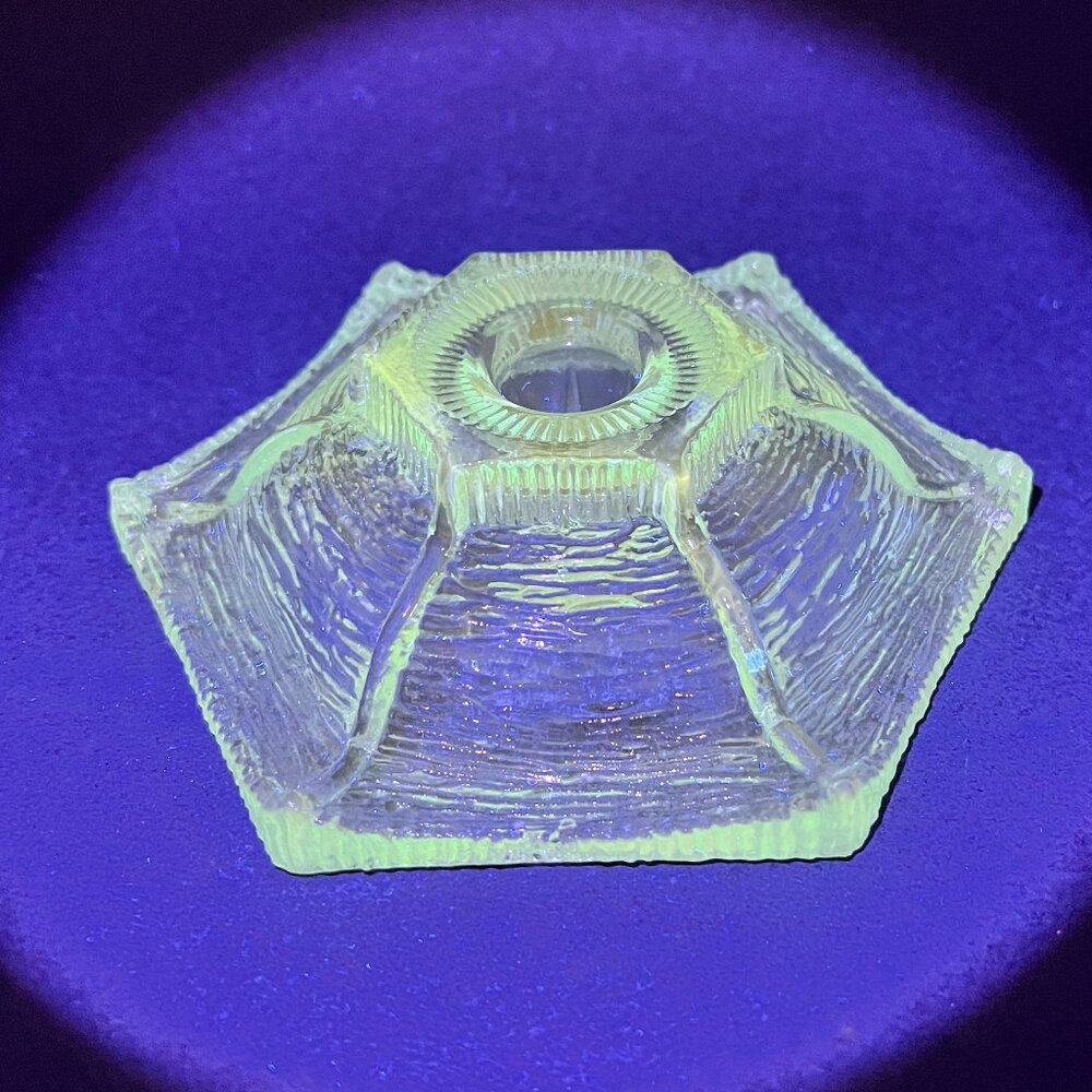 Vintage LE Smith Glass Blue Hexagon 6303 Single Candlestick Candle Holder Glows